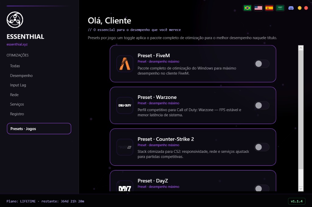 Presets de jogos no Purple Optimizer