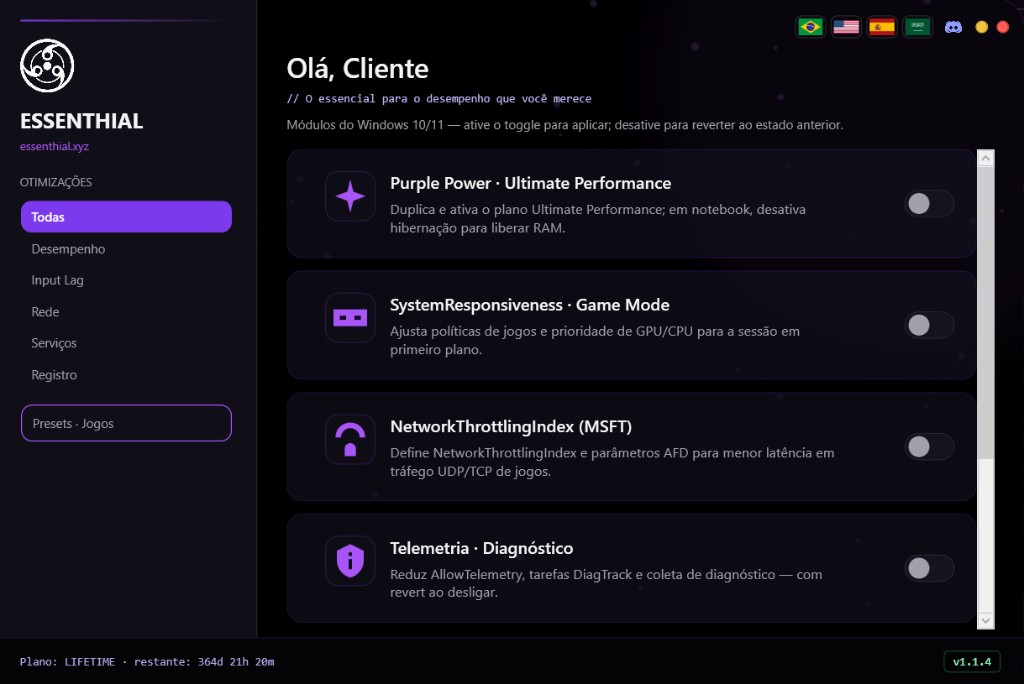 Tela de otimizações do Purple Optimizer no Windows